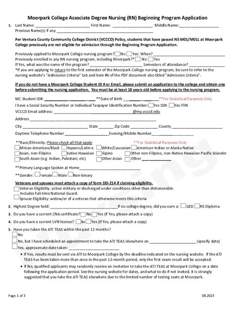 Fillable Online Moorpark College Nursing Application Fax Email Print