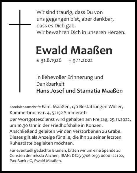 Traueranzeigen Von Ewald Maa En Aachen Gedenkt