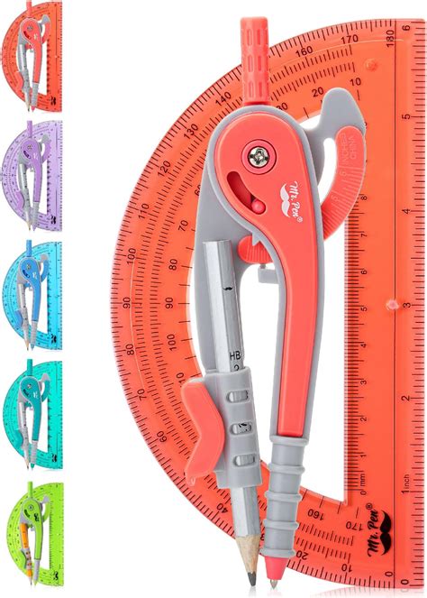 Mr Pen Compass And Protractor Set Red Compass Geometry Tool Protractor And