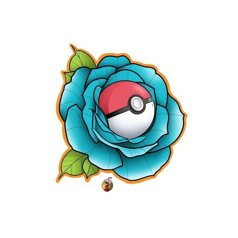 A Blue Rose With A Pokeball In The Center And Green Leaves Around It On