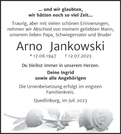 Traueranzeigen Von Arno Jankowski Abschied Nehmen De