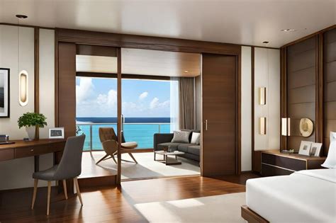 Premium AI Image | a bedroom with a view of the ocean and a balcony with a view of the ocean.