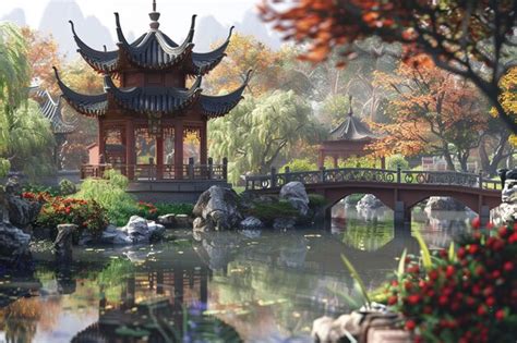 Premium Photo A Traditional Chinese Garden With Pagodas And Brid