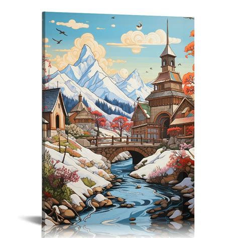 Comio Frame Winter Wall Art Snow Tree Canvas Wall Decor Snowing Village