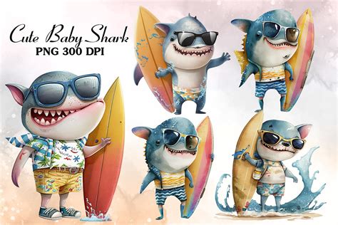 Cute Shark Surfing Watercolor Clipart Graphic by Cat Lady · Creative ...