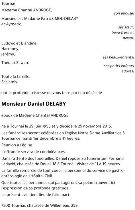 Avis De Décès De Daniel Delaby Décédé Le 25 11 2015 à Tournai Annonce