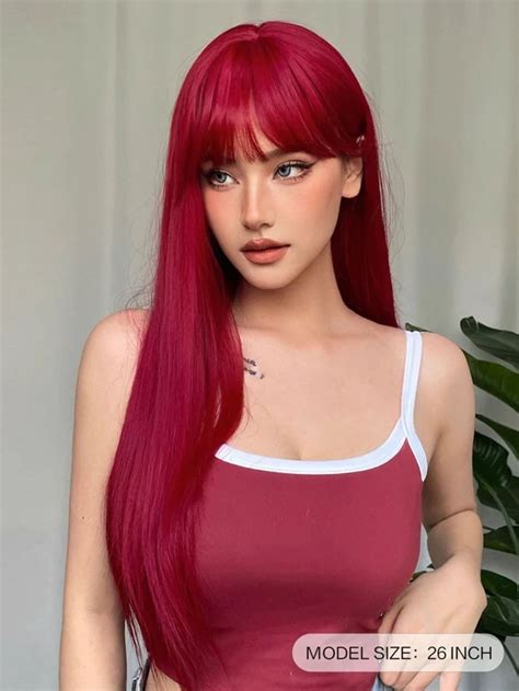 Red Color Long Silky Straight Wigs With Bangs Synthetic Wig For Fashion