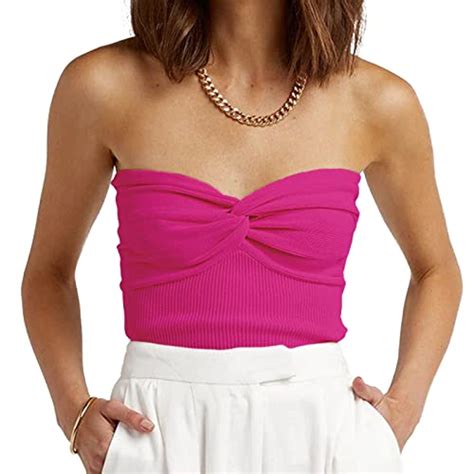 Womens Strapless Crop Top Sexy Sweetheart Neck Ribbed Knit Twisted Knot Front Sleeveless Y2k