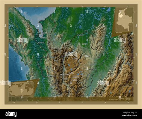 Antioquia, department of Colombia. Colored elevation map with lakes and ...