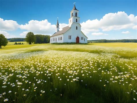 Premium Ai Image Country Church In Field Of Daisy Wildflowers