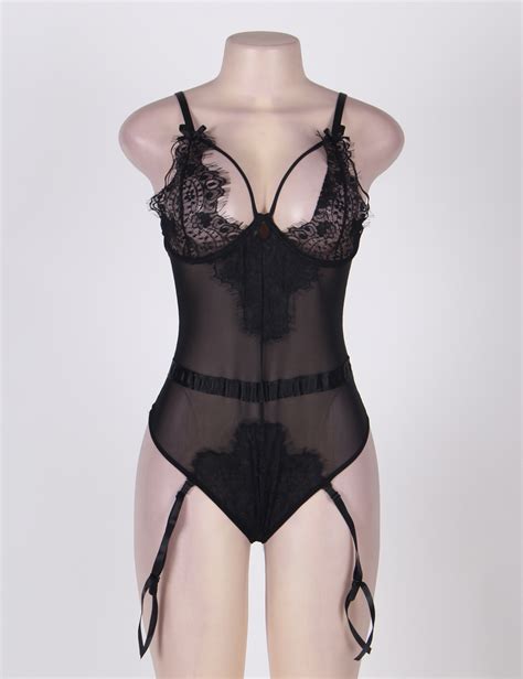 Wholesale Plus Size Black Eyelash Lace Teddy Lingerie