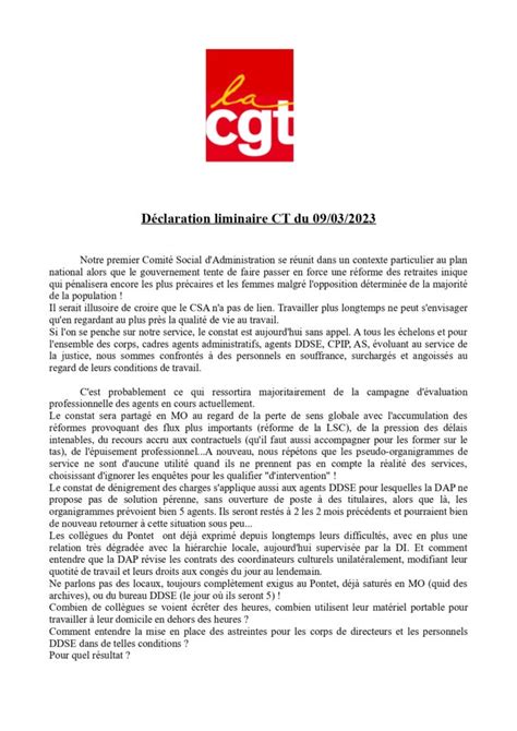 Déclaration liminaire de la CGT SPIP 84 au CSA du 9 mars CGT