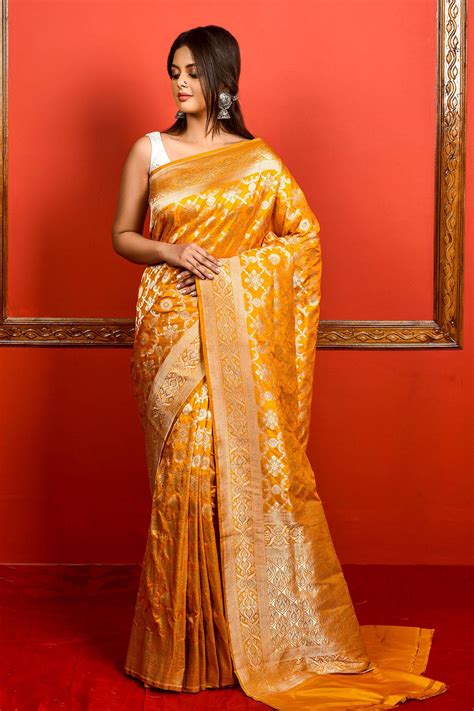 Buy Yellow Katan Silk Handwoven Floral Jaal Bright Banarasi Saree For