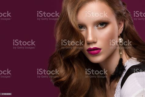 Beautiful Redhair Model Curls Bright Gold Makeup Jewelry And Red Lips