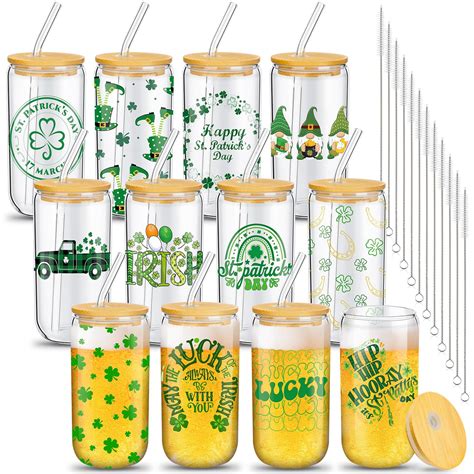 12 Set St Patrick S Day Glass Cups 16oz Drinking Glasses With Lids And