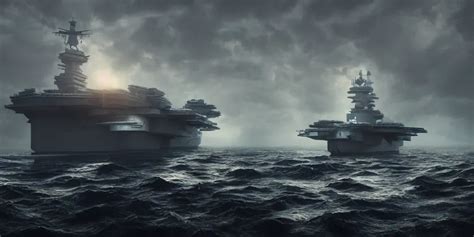 An Aircraft Carrier Next To A Lovecraftian Monster In Stable