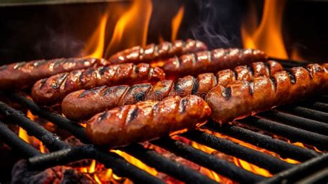 Bratwurst or Hot Dog on Grill with Flames. Generative AI Stock Photo - Image of cooking, meat ...