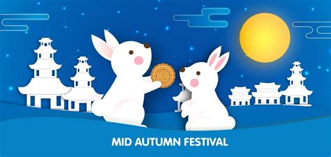 Mid Autumn Festival Banner With Cute Rabbits In Paper Cut Style