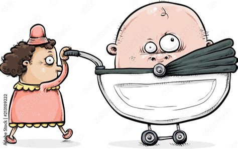 Cartoon of a small woman pushing a giant baby in a stroller. Stock Vector | Adobe Stock