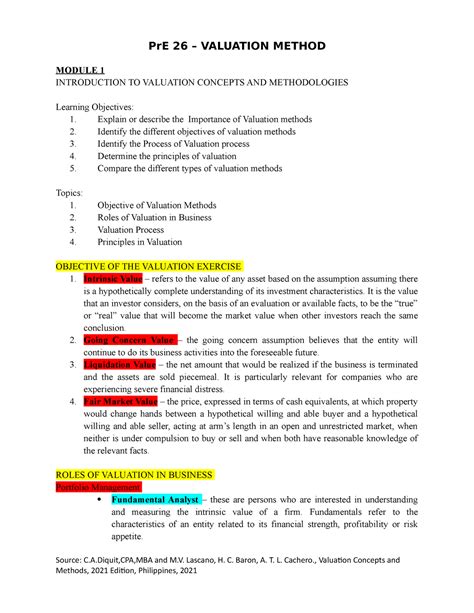 Module 1 Introduction To Valuation Concepts And Methodologies