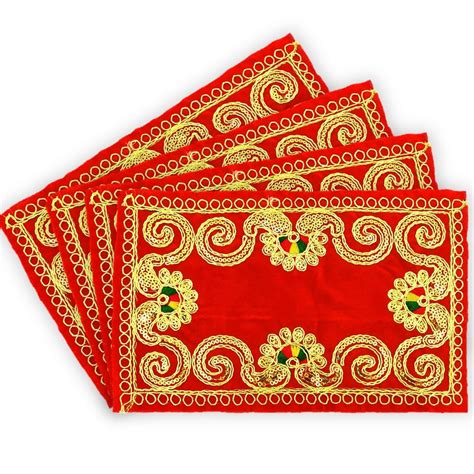 Bhakti Lehar X Inch Embroidered Red Velvet Cloth For Pooja And