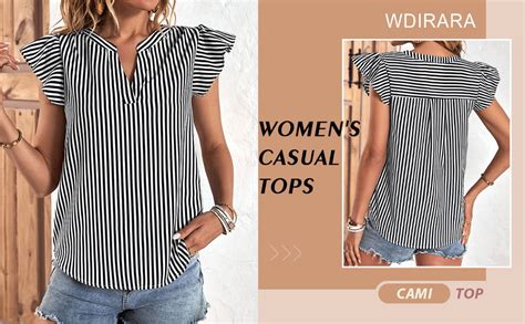 WDIRARA Women S Striped Notched V Neck Ruffle Cap Sleeve Blouse Casual