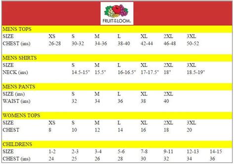 Fruit Of The Loom Size Chart: A Visual Reference of Charts | Chart Master