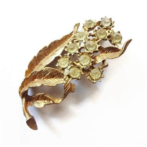 Vintage Rhinestone Brooch Gold Tone Leaf Floral Design Etsy Vintage