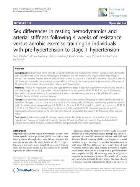 Pdf Sex Differences In Resting Hemodynamics And Arterial Stiffness