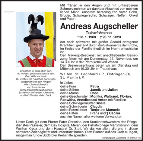 Traueranzeigen Von Andreas Augscheller Trauer Bz