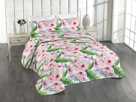 Ambesonne Hibiscus Quilted Bedspread Set 3 Pcs Exotics Feel Flowers