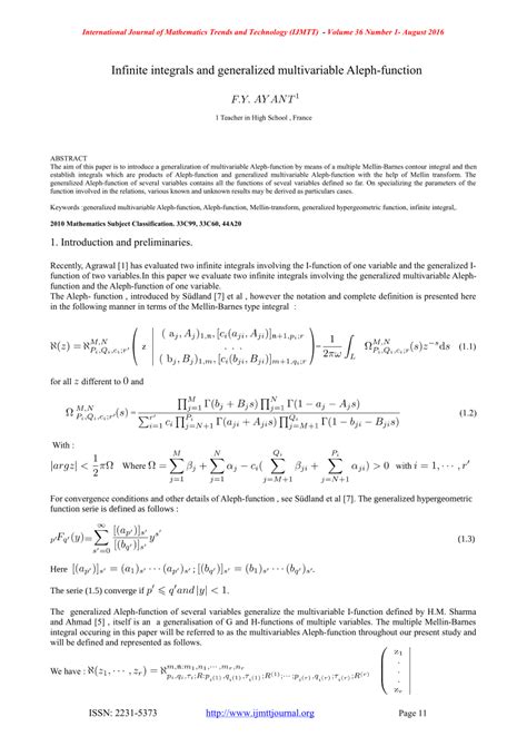 Pdf Infinite Integrals And Generalized Multivariable Aleph Function