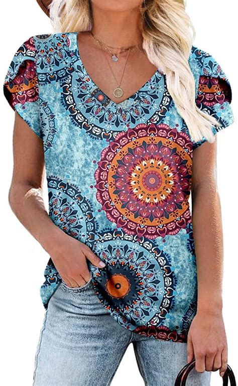 Anyjoin Womens Summer Tunics Tops Short Sleeve Casual T Shirts V Neck Lightweight Cute Blouse