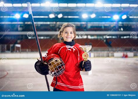 Happy Girl Player Ice Hockey Winner Trophy Stock Image Image Of Happy