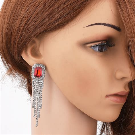 Lastest Square Red Rhinestone Long Crystals Tassels Drop Earrings Wholesale