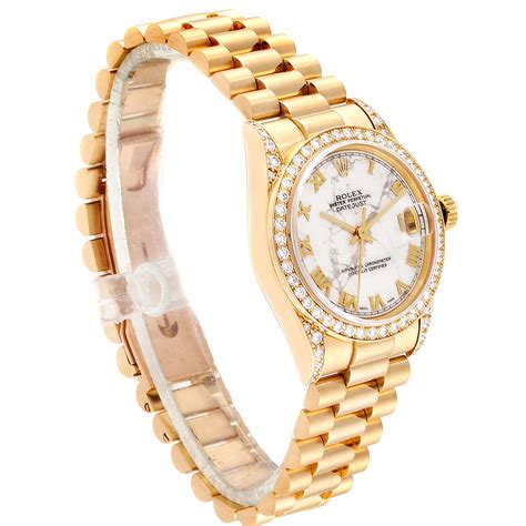 Rolex President Midsize Marble Dial Yellow Gold Diamond Ladies Watch 68158 Swisswatchexpo