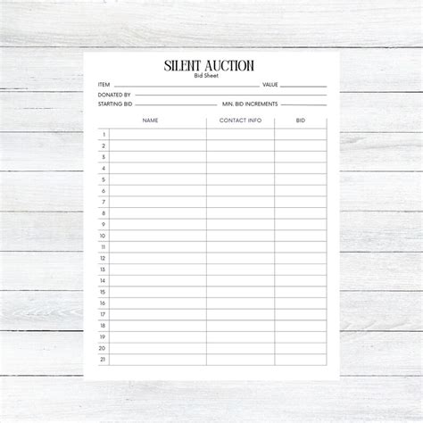 Silent Auction Bid Sheet Silent Auction Sign Up Sheet Etsy