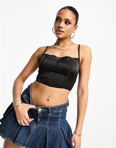 Parisian Satin Bustier Crop Top With Lace Trim In Black Asos