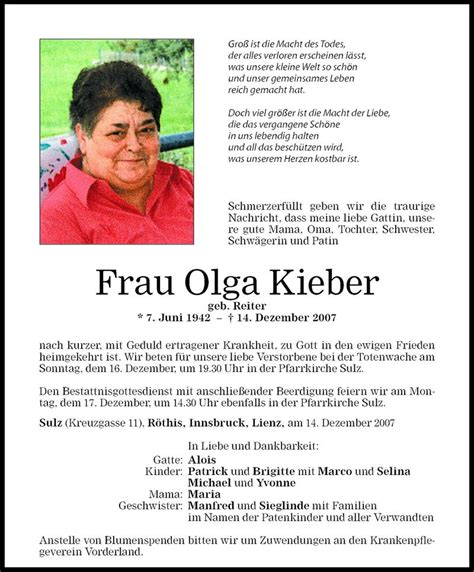 Todesanzeigen Von Olga Kieber Todesanzeigen Vorarlberger Nachrichten