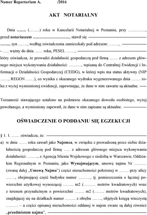 AKT NOTARIALNY OŚWIADCZENIE O PODDANIU SIĘ EGZEKUCJI PDF Free Download