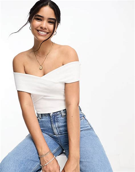 Stradivarius Off Shoulder Wrap Top In Ecru Asos