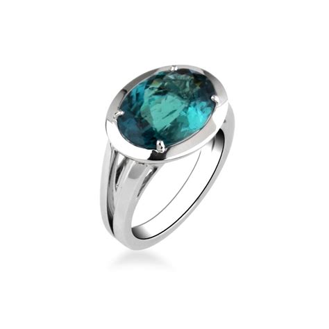 Bague Tourmaline Bleu Vert Ovale Et Or Blanc