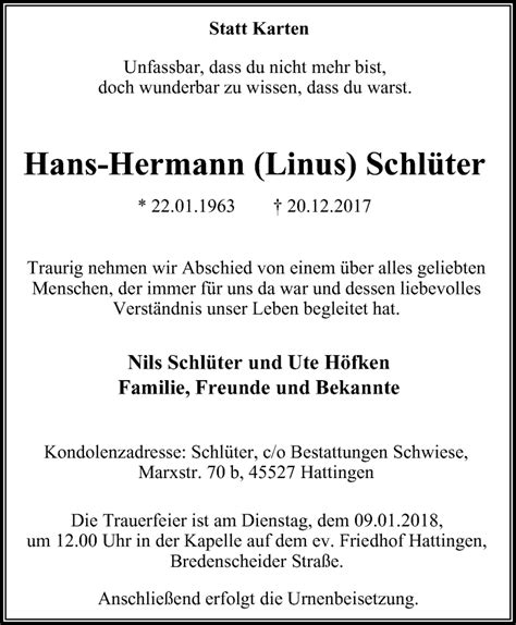 Traueranzeigen Von Hans Hermann Schl Ter Trauer In Nrw De