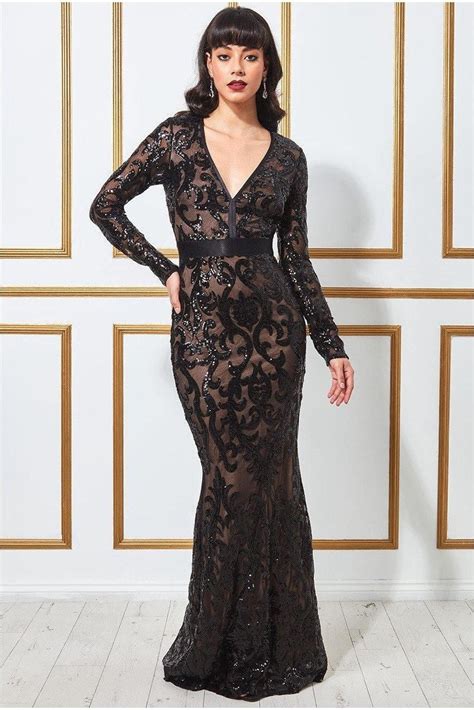 Goddiva Embroidered Sequin And Mesh Maxi Dress Black