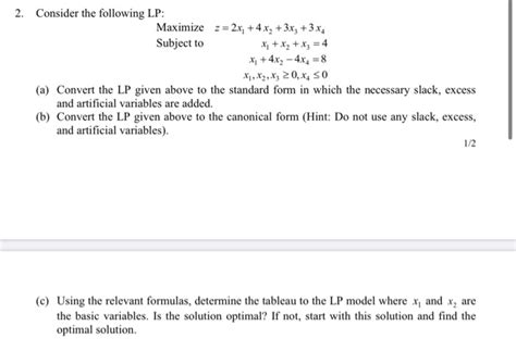 Solved 2 Consider The Following Lp Maximize Z 2x 4x2