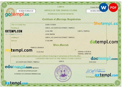 Libya Marriage Certificate Word And Pdf Template Fully Editable