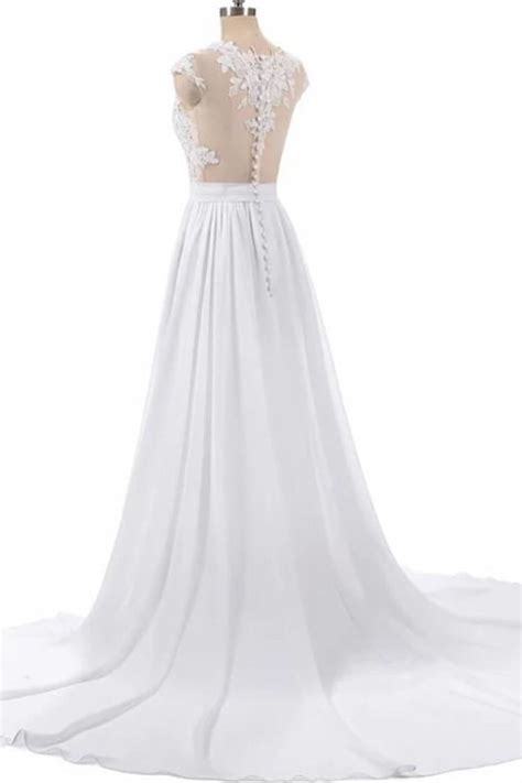 Cap Sleeve Appliques Chiffon A Line Wedding Dress Plano Bridal