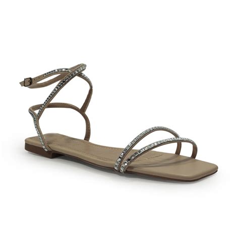 Sandália Rasteira Vestige Nude Tiras Cristais Vestige Sapatos Roupas Bolsas e Acessórios