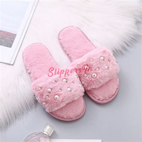 Fluffy Slides With Pearls Pink Fuzzy Womens House Slippers