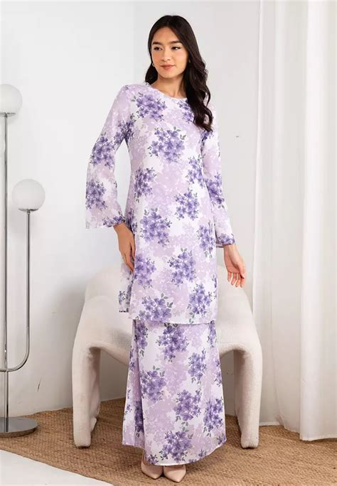 Buy Era Maya Abstract Lilac Floral Baju Kurung Modern Chiffon In Purple